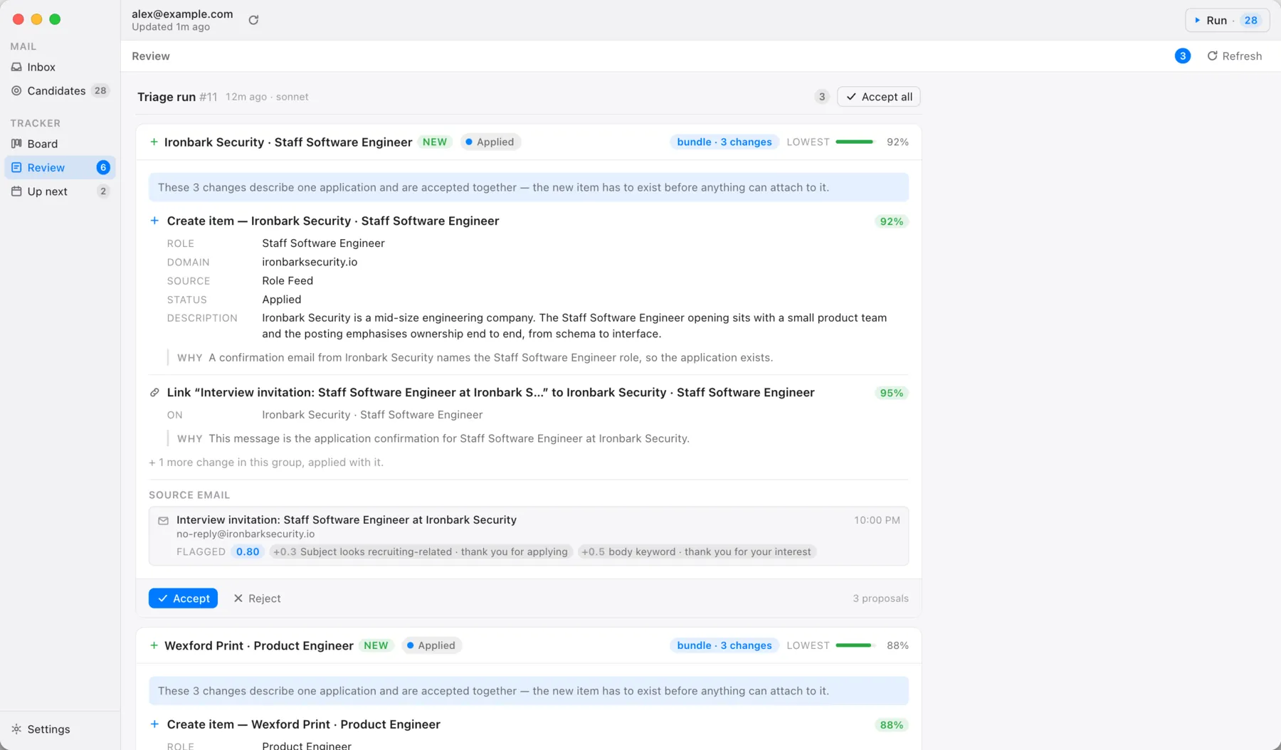 The review queue. One triage run has produced three grouped proposals. The open one would create an application at Fernpath for a Full-Stack AI Engineer role and link two emails to it; each change shows a confidence and a WHY line quoting the message, the two source emails are listed with their prefilter scores, and the card ends in Accept and Reject buttons.